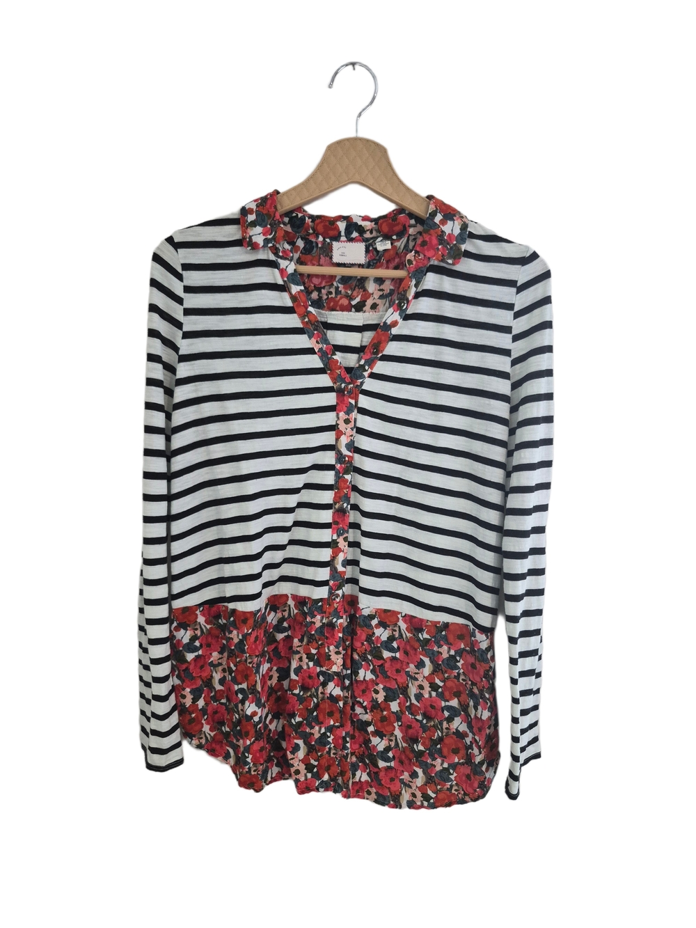 Anthropologie Striped Floral Trim Button Down Blouse Size XS